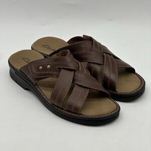 Clarks Brown Leather Woven Criss-Cross Strap Slip-On Sandals Women's Size 10M